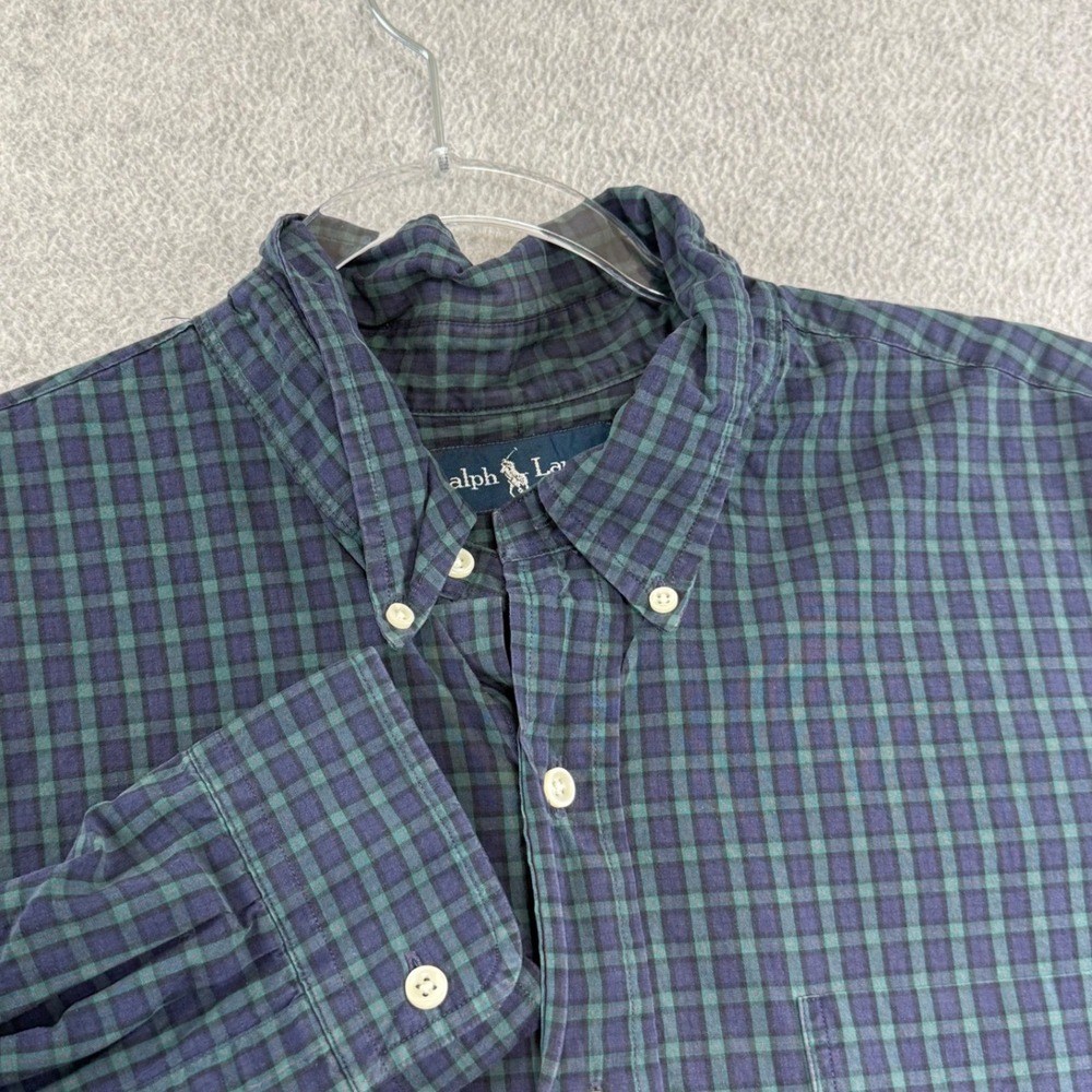 Ralph Lauren Button Down Shirt Mens XXL Blue Green Plaid Long Sleeve Cotton